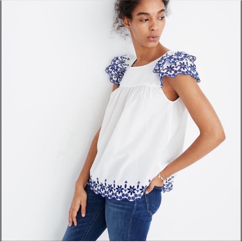 Madewell White and Blue Ruffled Puff
Sleeve Blouse size 6 NWOT